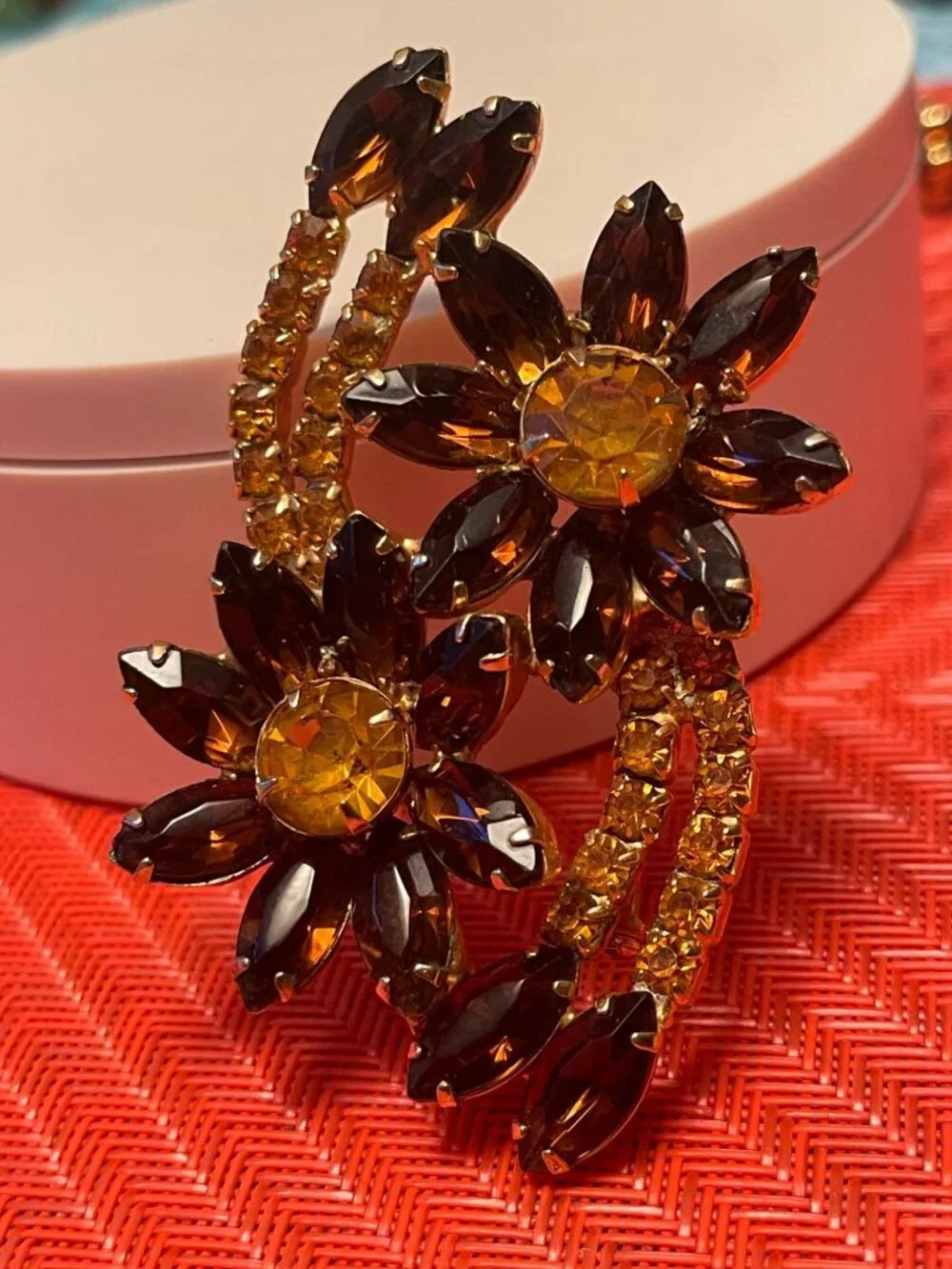 Vtg MCM Amber & Topaz Rhinestone Floral Brooch With Marquise & Chaton Stones In